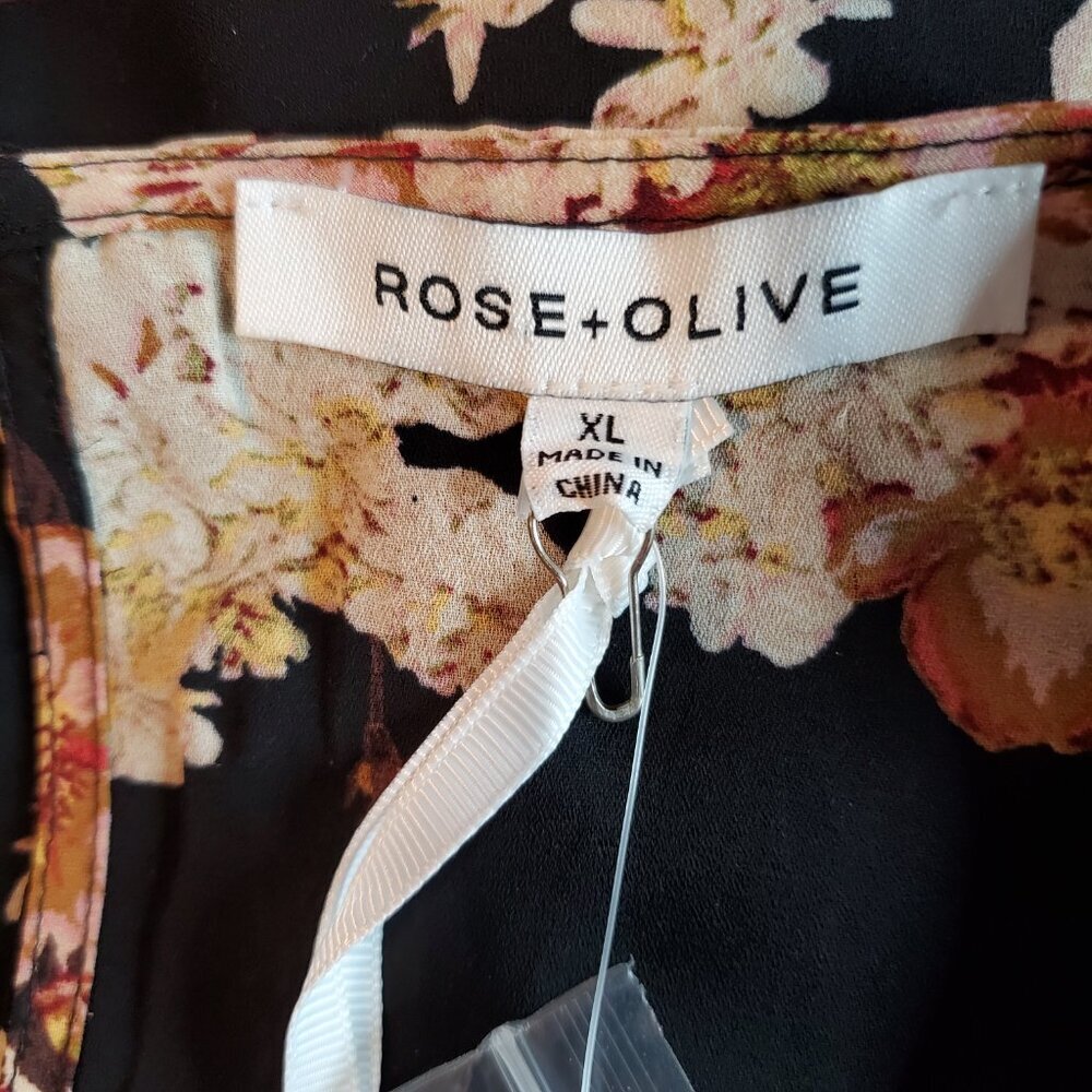 NEW ROSE & OLIVE SZ XL Floral Roses Pink Black Cold Shoulder Ruffles Blouse - Picture 4 of 7